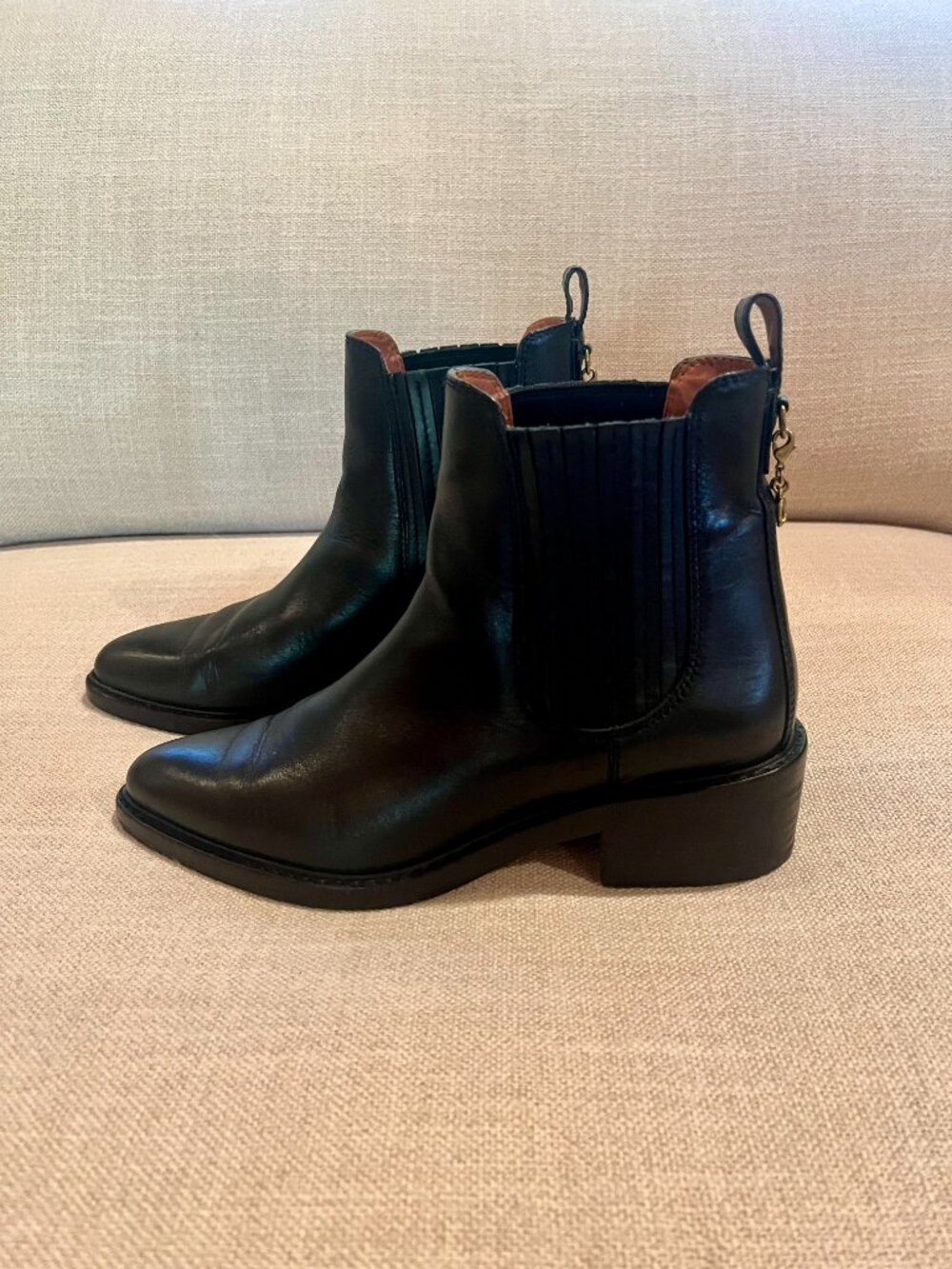 Coach Bowery Black Leather Chelsea Ankle Boots with Gold Charm Made in Italy